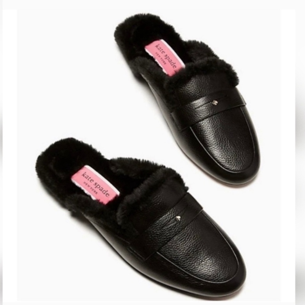 Kate Spade Caelyn Black Leather Fur Lined Mules Slides Size 7.5